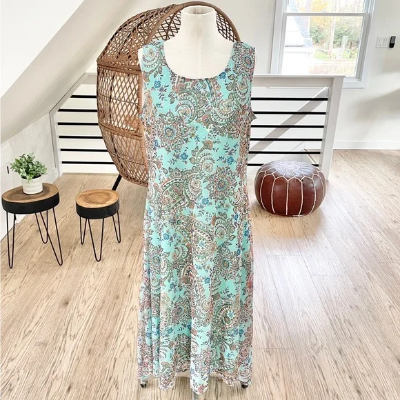 NEW! 1X Nina Leonard teal blue green tan earth tones bohemian loose midi  dress